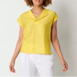 Worthington Womens V Neck Short Sleeve Blouse Yellow 3X